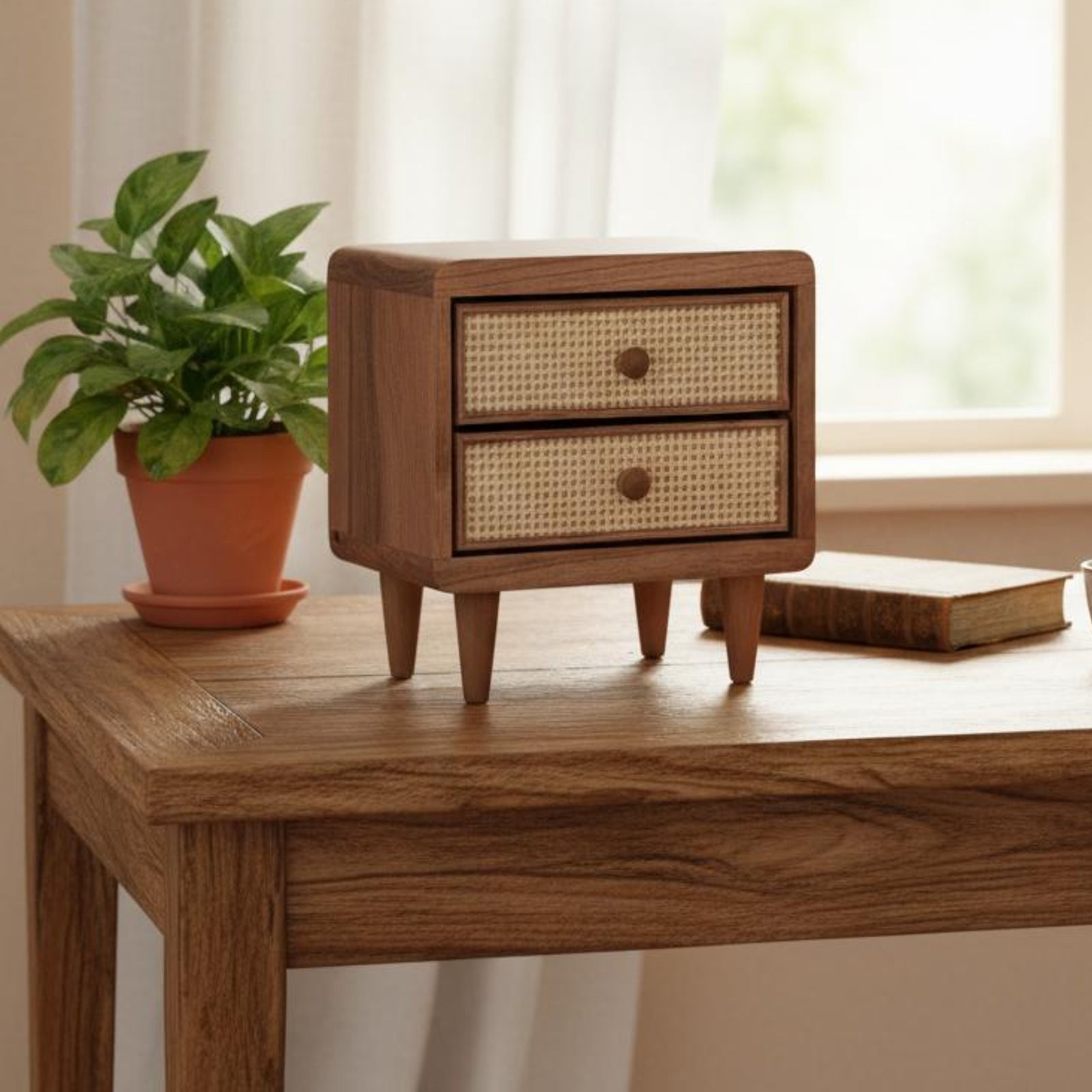 Wooden Rattan Drawer Box Rustic Vintage Wooden Storage Chest for Dressing Table