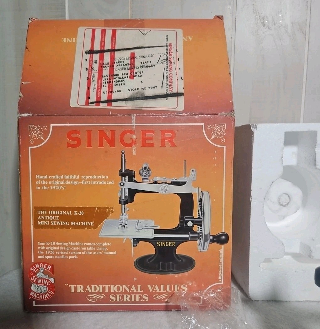 Antique K-20 Mini Singer Sewing Machine Child Size Manual, Box, Clamp, Needles