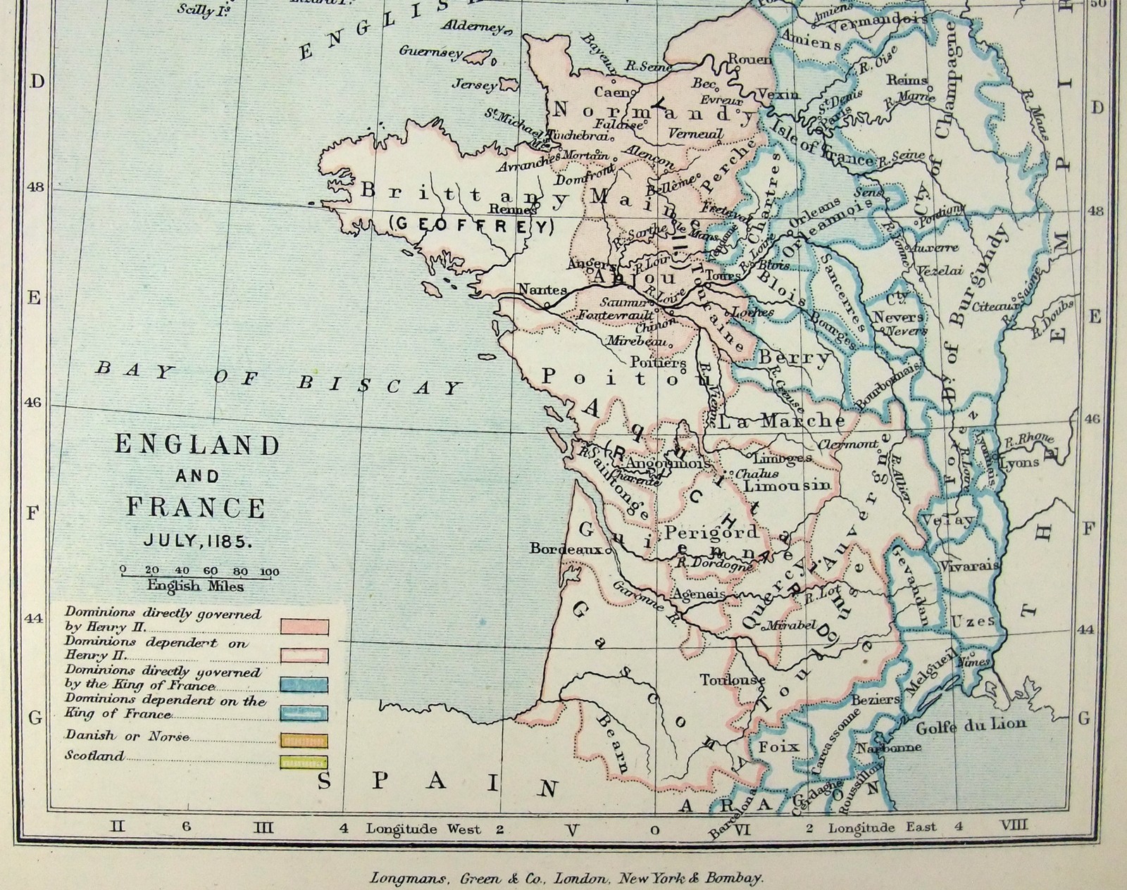 Vintage Longmans Map of England and France in July 1185