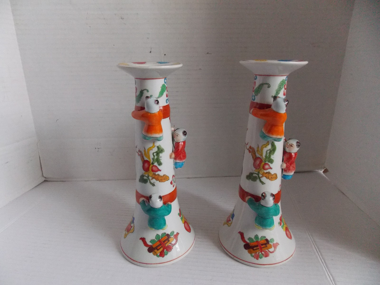 2 x Vintage Hand painted Chinese Figural Children Candlesticks Excellent 9 3/4″