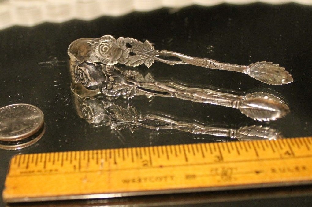 VINTAGE 800 FINE SILVER CROWN LOGO OLIVE PICKLE TONGS HIGH RELIEF ROSE MOTIF