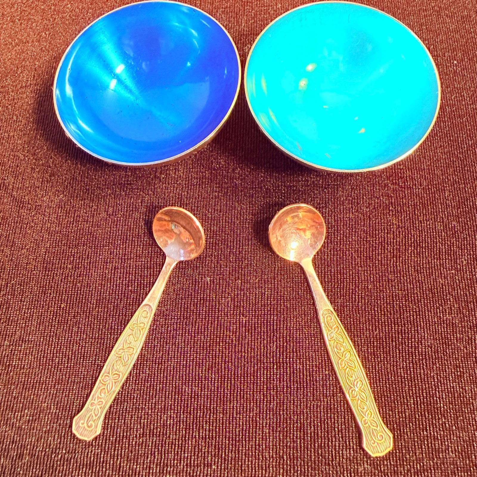 Vtg Meka Denmark Silver Blue & Silver Green Enamel Salt Cellar/Spoon Set of 2