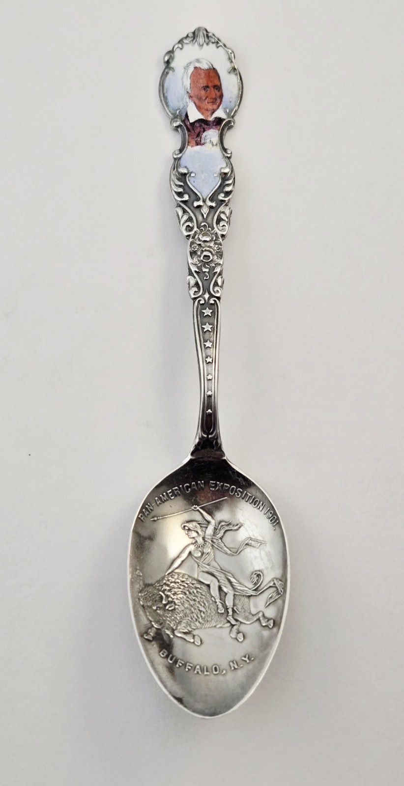 VTG Sterling Silver Pan-American Exposition 1901 Buffalo McKinley Enamel Spoon