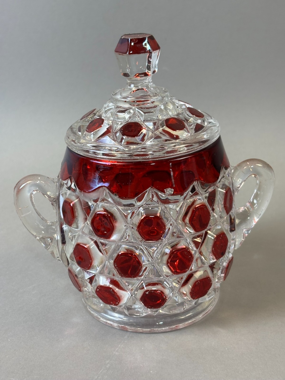 #1126 Antique Ruby Red Flash Souvenir Glass CUT GLASS CANDY DISH WITH LID