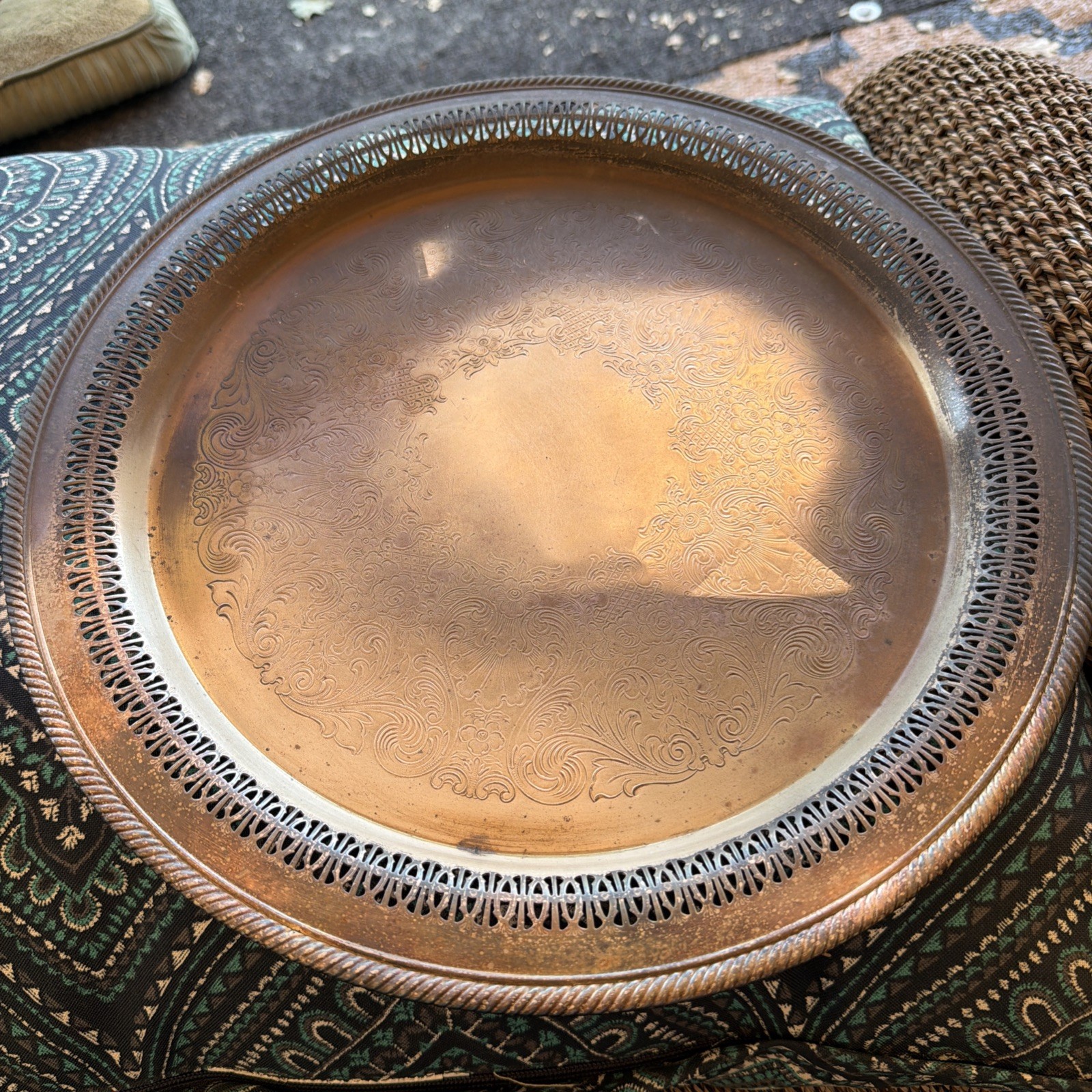 Vintage Round Gallery Tray Silver on Copper Pierced Rim Serving Bar Platter 15”