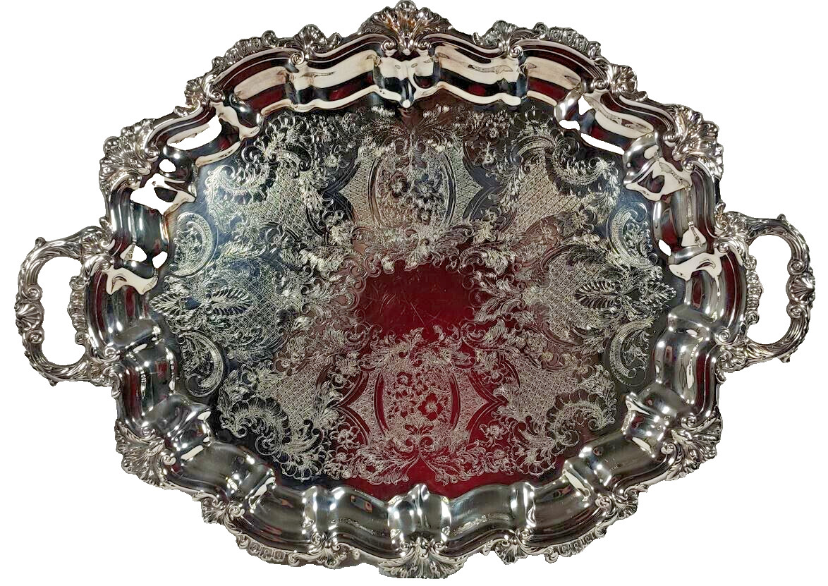 Antique Sheffield Silver Plated Serving Tray Seashell Scrolls Rococo No Monogram