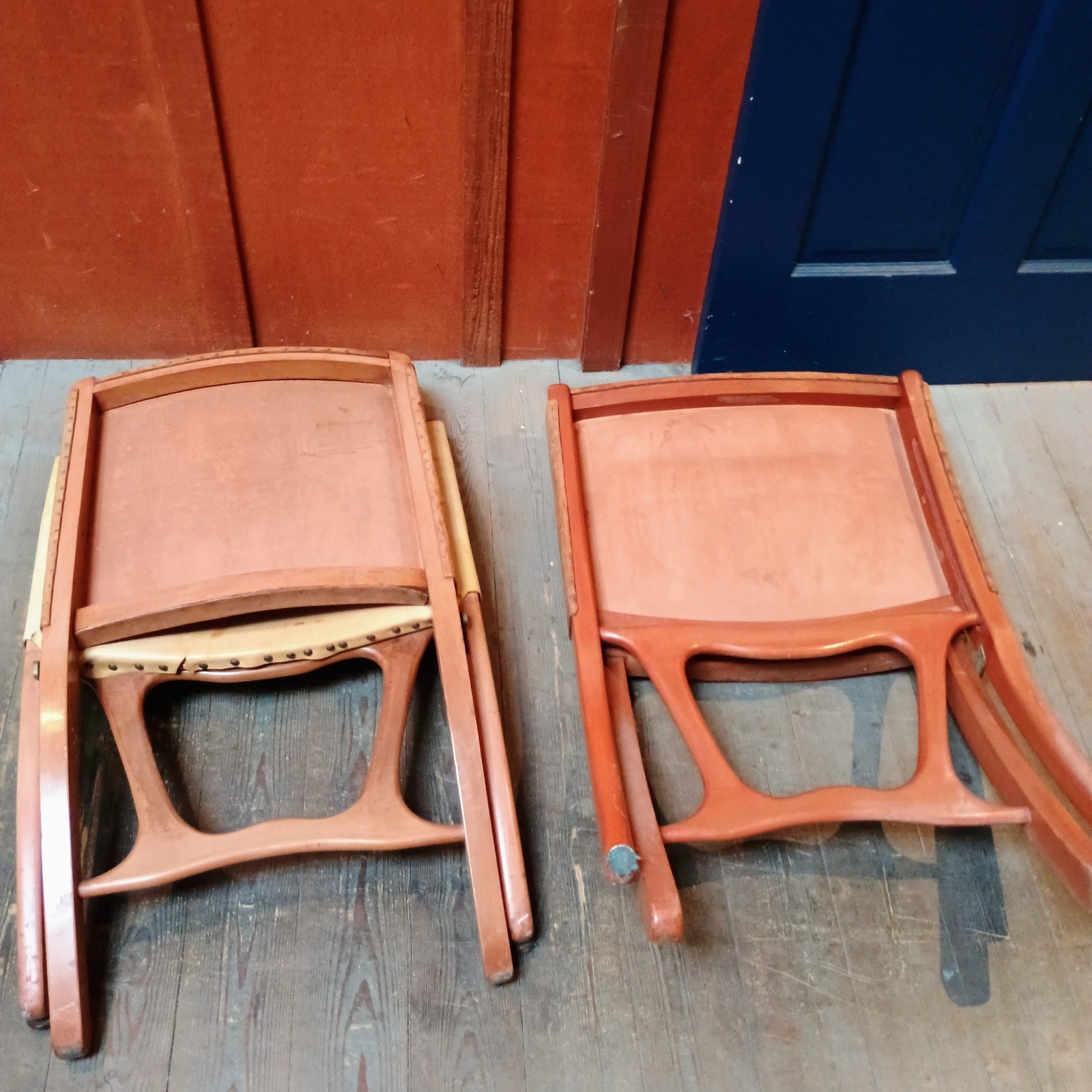Vintage MCM Tooled Leather Folding Safari Chairs Aztec Mayan Sun God Pair