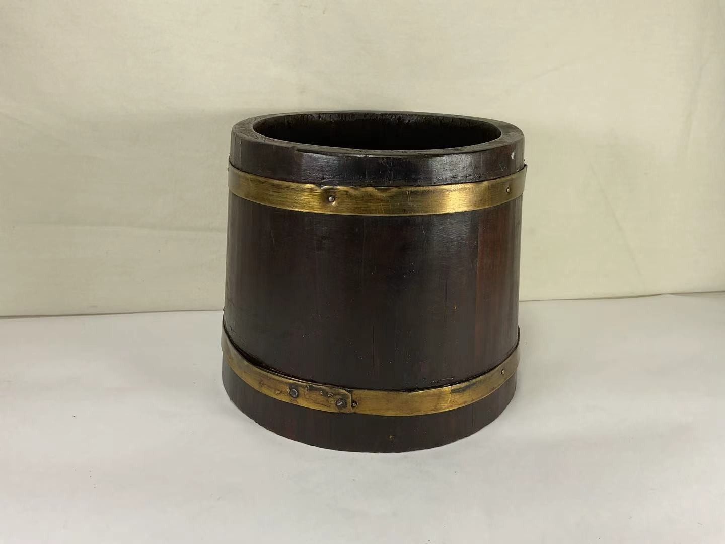 ZZ24 Antique Circa 19th Century Brown Wooden Copper Hoop Bucket Set of Only 1