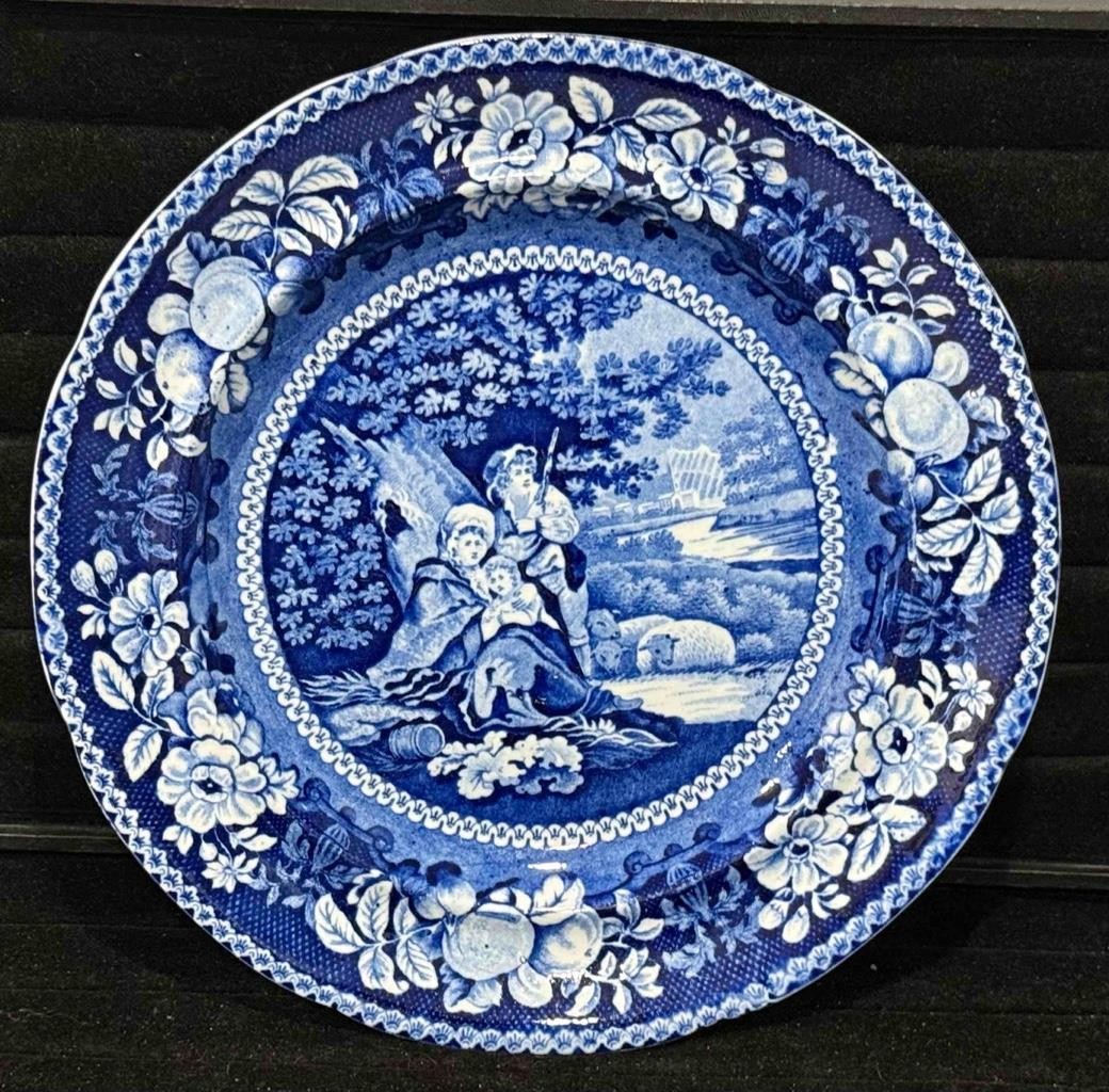 Antique Staffordshire Dark Blue Transfer SHELTERED PEASANTS Plate, R. Hall