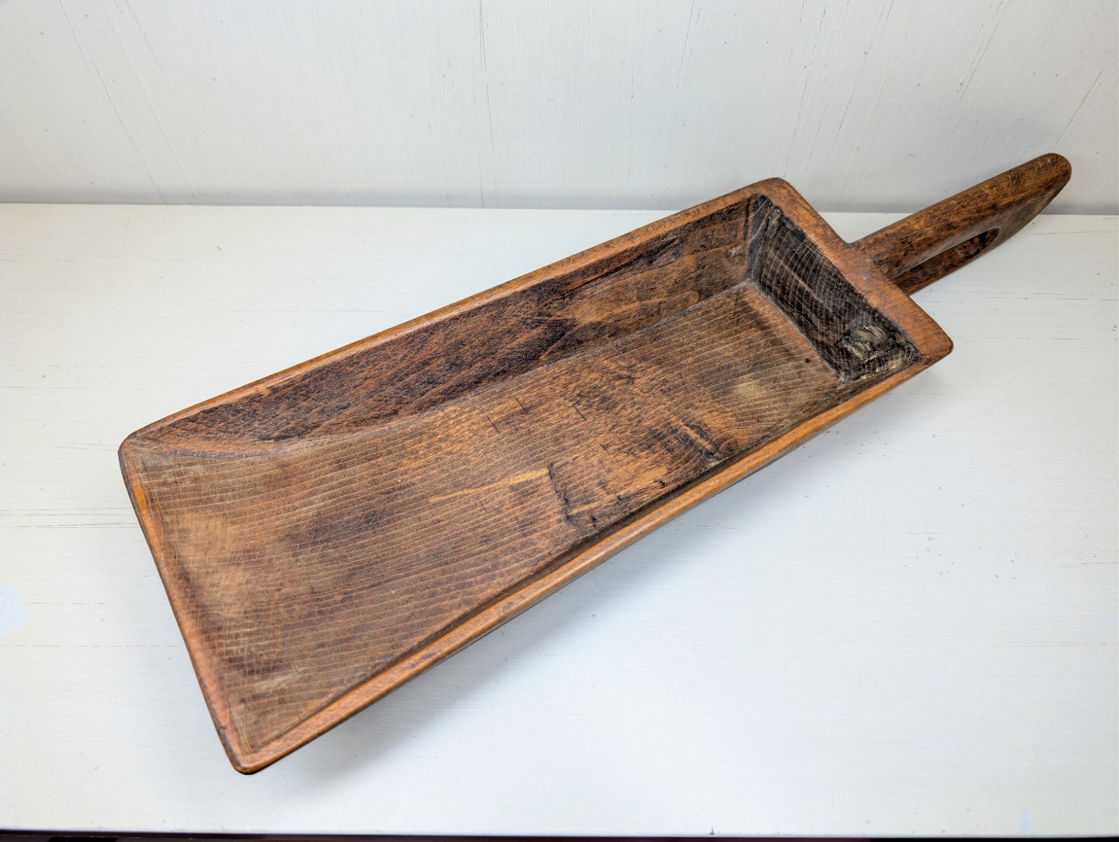 Primitive Antique Carved Wood Grain Scoop with “D” Handle Grip | Large