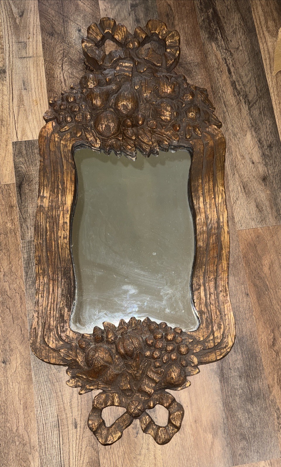 Vintage Serge Roche Style Gilt Wood Wall Mirror Rococo Fruit Ribbon Motif
