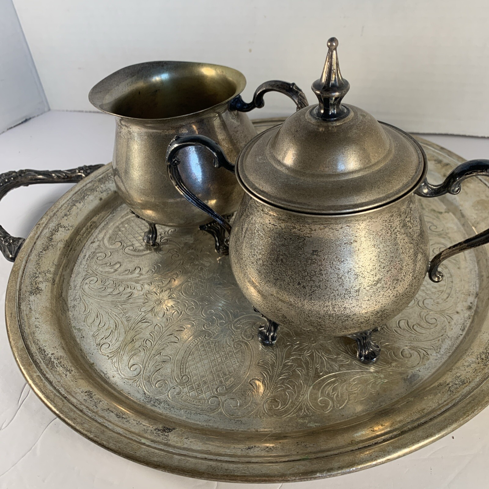 Vtg Antique Silver Plate Creamer Sugar Tray Sheridan 30s Gold Wash Worn Shabby