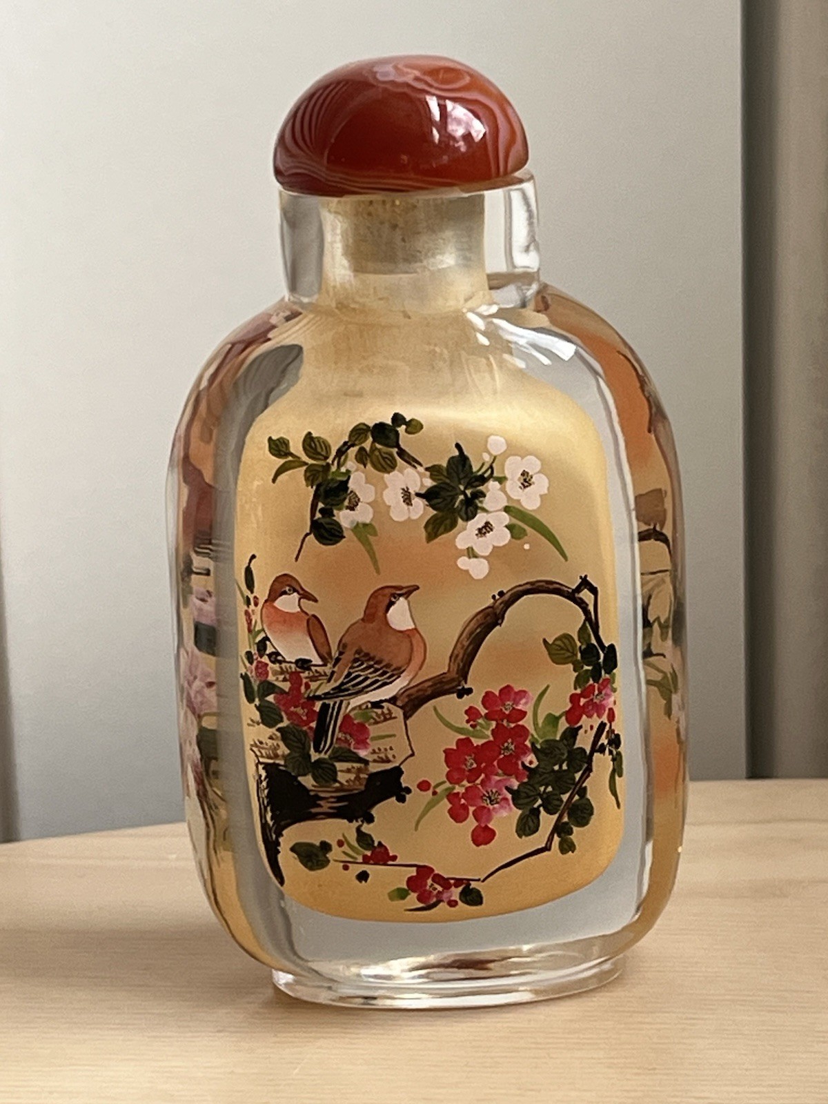Vtg Chinese Inside Painted Glass Snuff Bottle Birds Flowers Agate Stopper 3.5 I