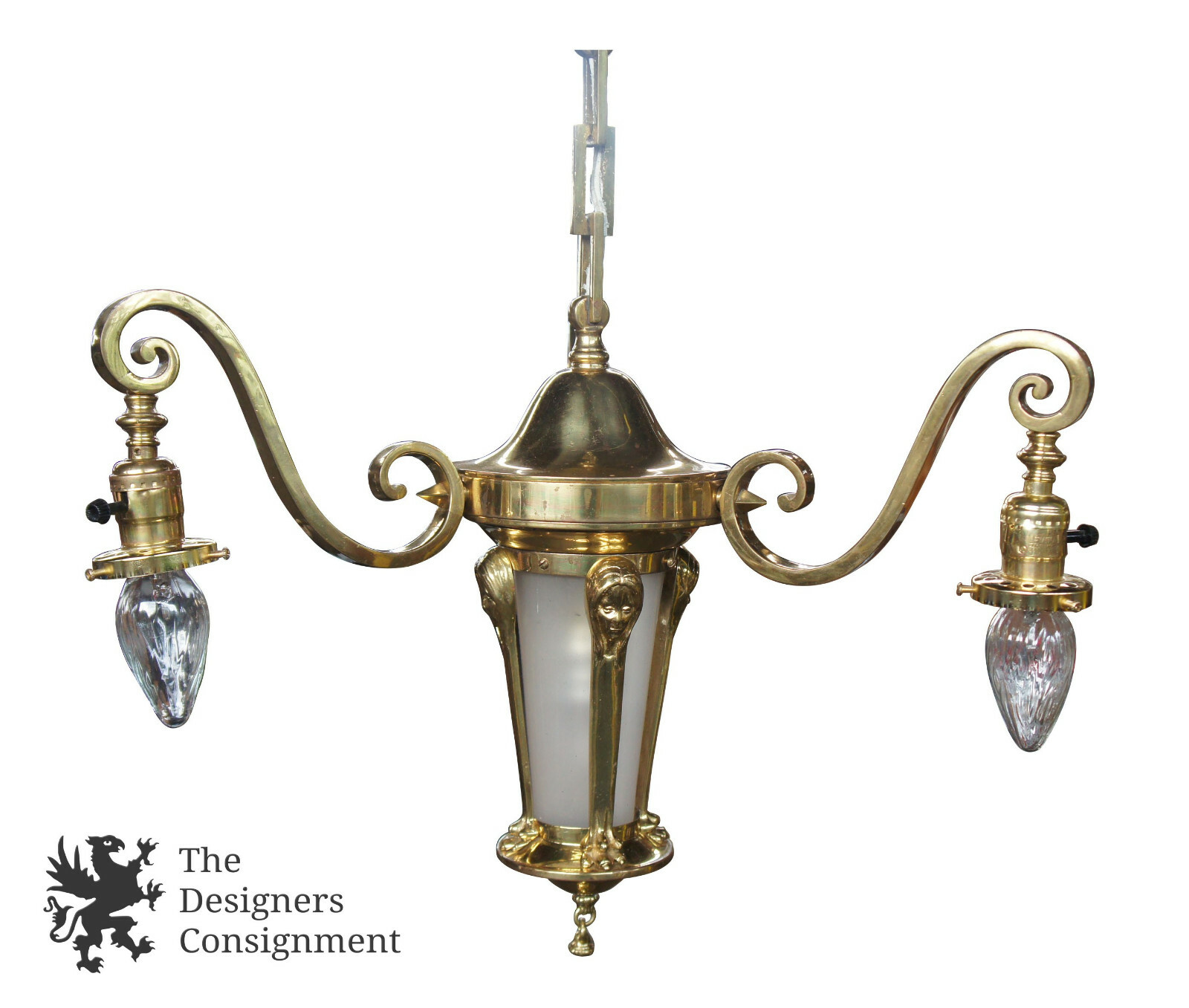 Egyptian Revival Brass 4 Light Figural Sphinx Chandelier Woman Pawfeet Downlight