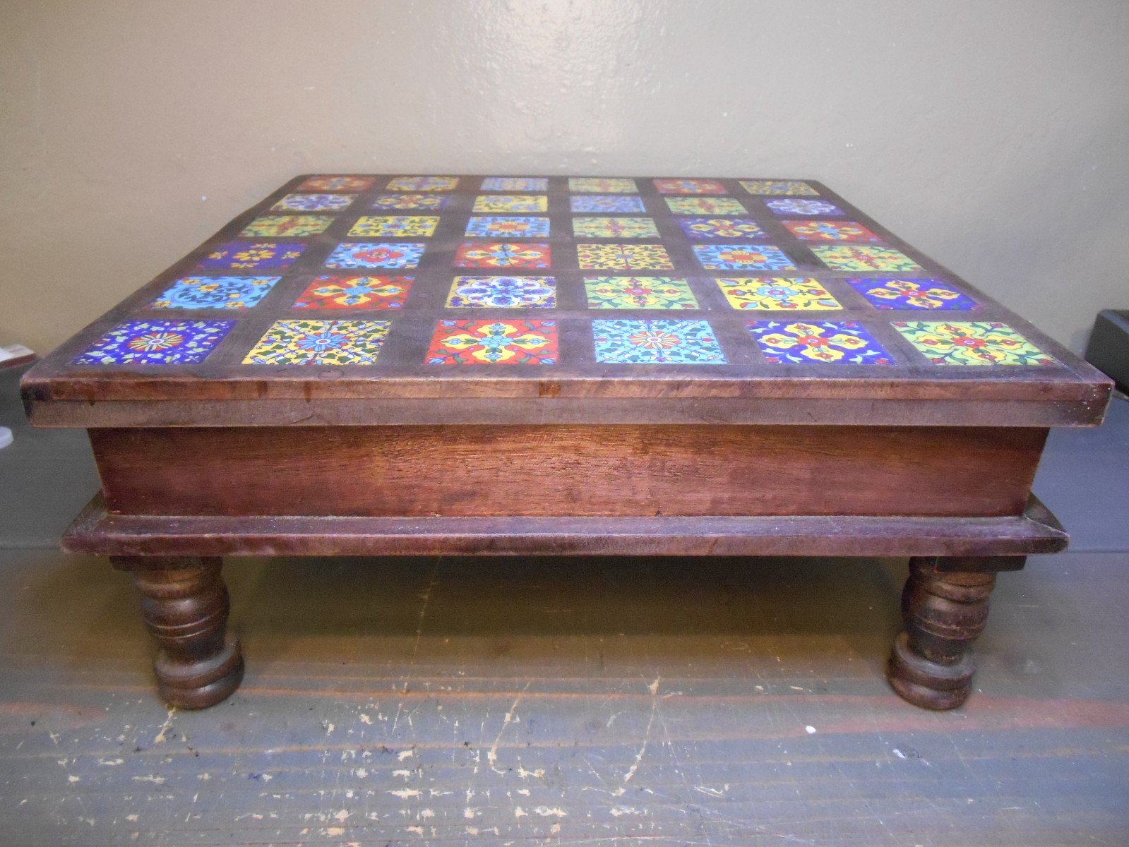 Wooden Chowki Handmade Table Top Riser Monterrey Style Colored Tiles. 15″x15″