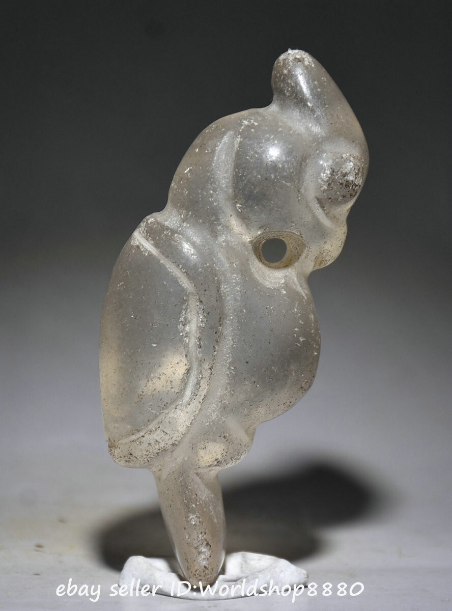 3.2″ Old Chinese Marked White Crystal Carving Bird Beast Statue Amulet Pendant