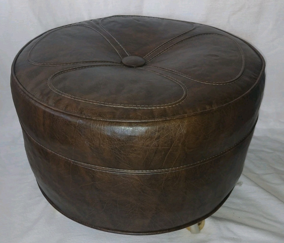Vintage Brown Leather Daisy Top Ottoman Foot Stool