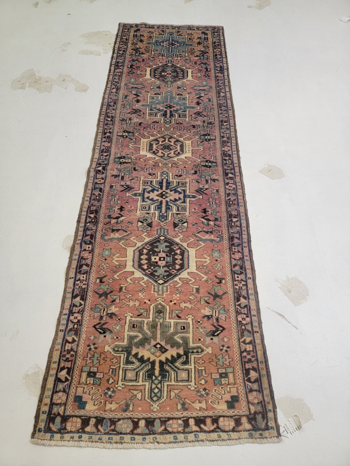 Antique Oriental Hand-Knotted Wool Runner Rust/Black/Green 2’10” x 9’5″