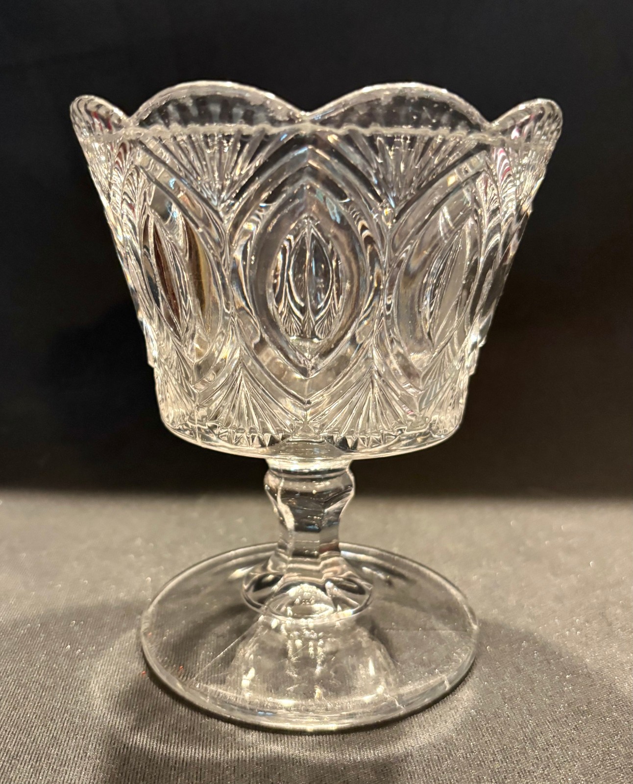 EAPG Antique Pattern ROMAN SUGAR BOWL Cat’s Eye & Fan Geo. Duncan’s Sons Glass