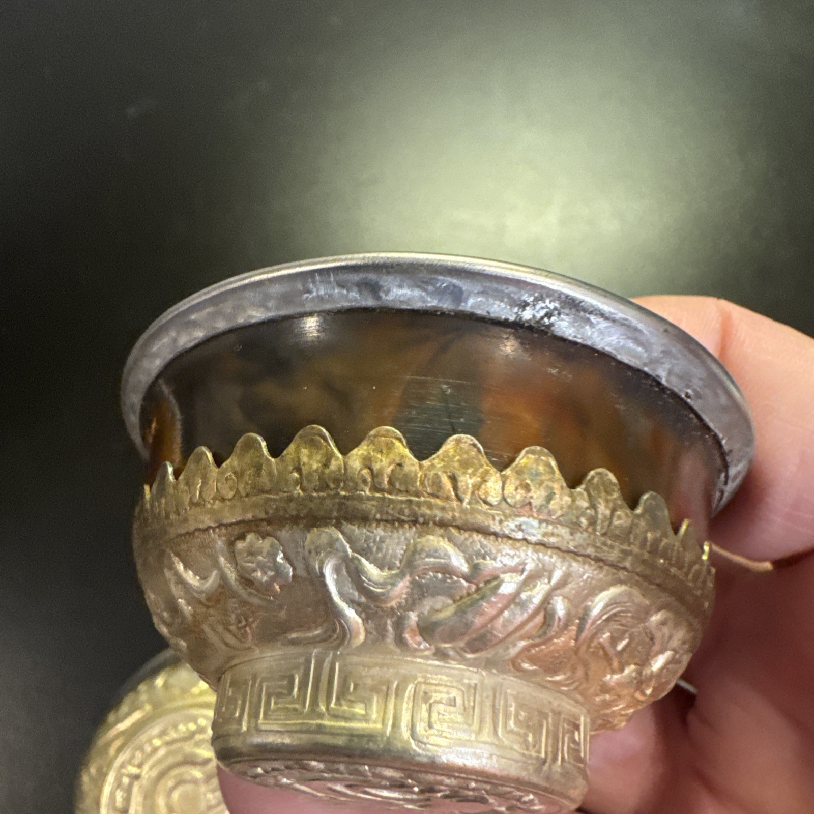 Tibetan Ceremonial Tea Bowl Silver Metal With wood Set of 2