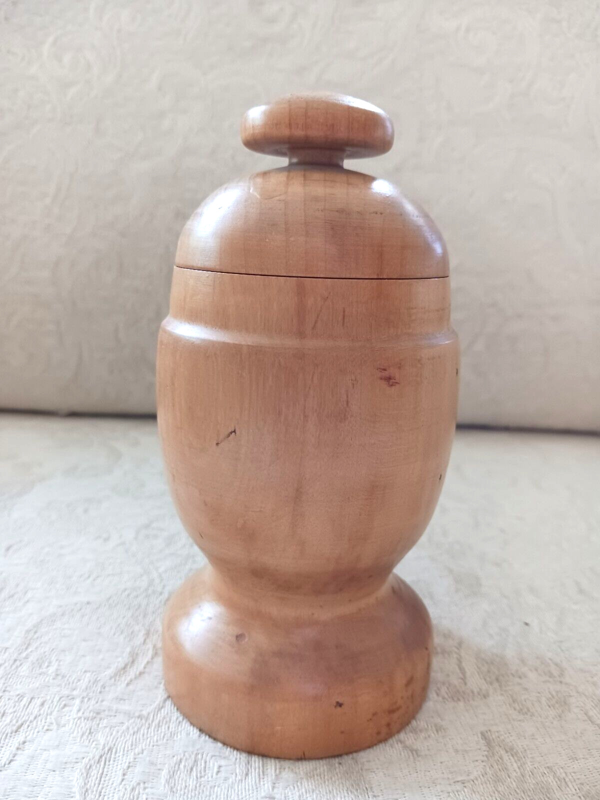Vintage Light Wood Turned Treen Ware Covered Container Box w Finial Lid 6″ Egg S