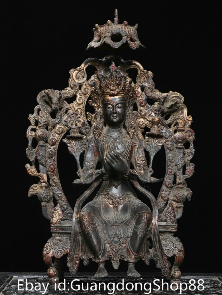 16.4″ Old Tibet Bronze Gilt Carving Seat Maitreya Buddha Goddess umbrella Statue