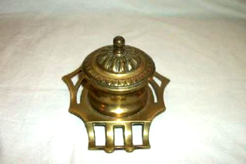 Arts and Crafts English Inkwell Brass Bronze Pen Rest Glass Well Art Deco 1910