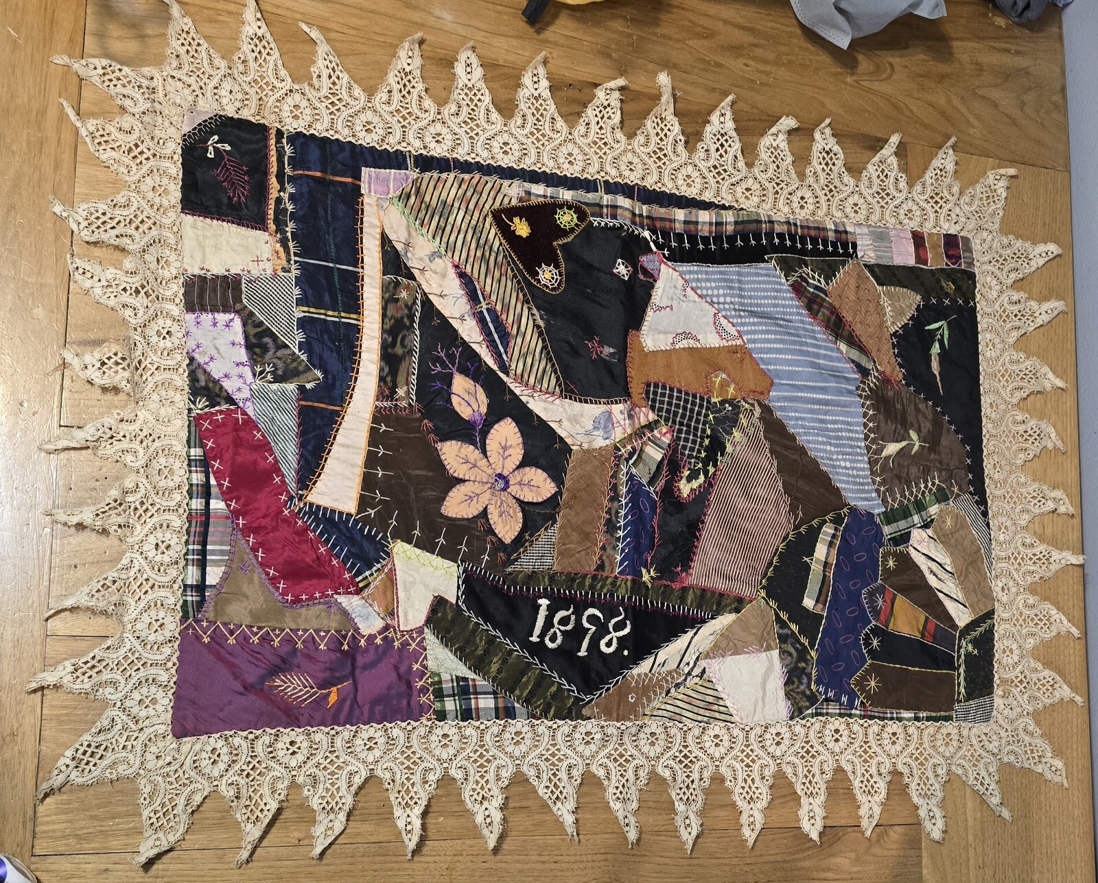 Antique Crazy Quilt Panel W/ Lace Early American Folk Art Circa 1898 Handsewn