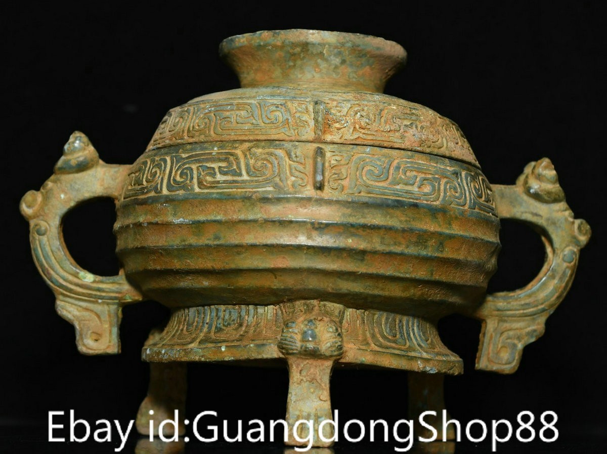 7.2″ Old China Bronze Ware Dynasty Palace 2 Dragon Ear Lid Drinking Vessel
