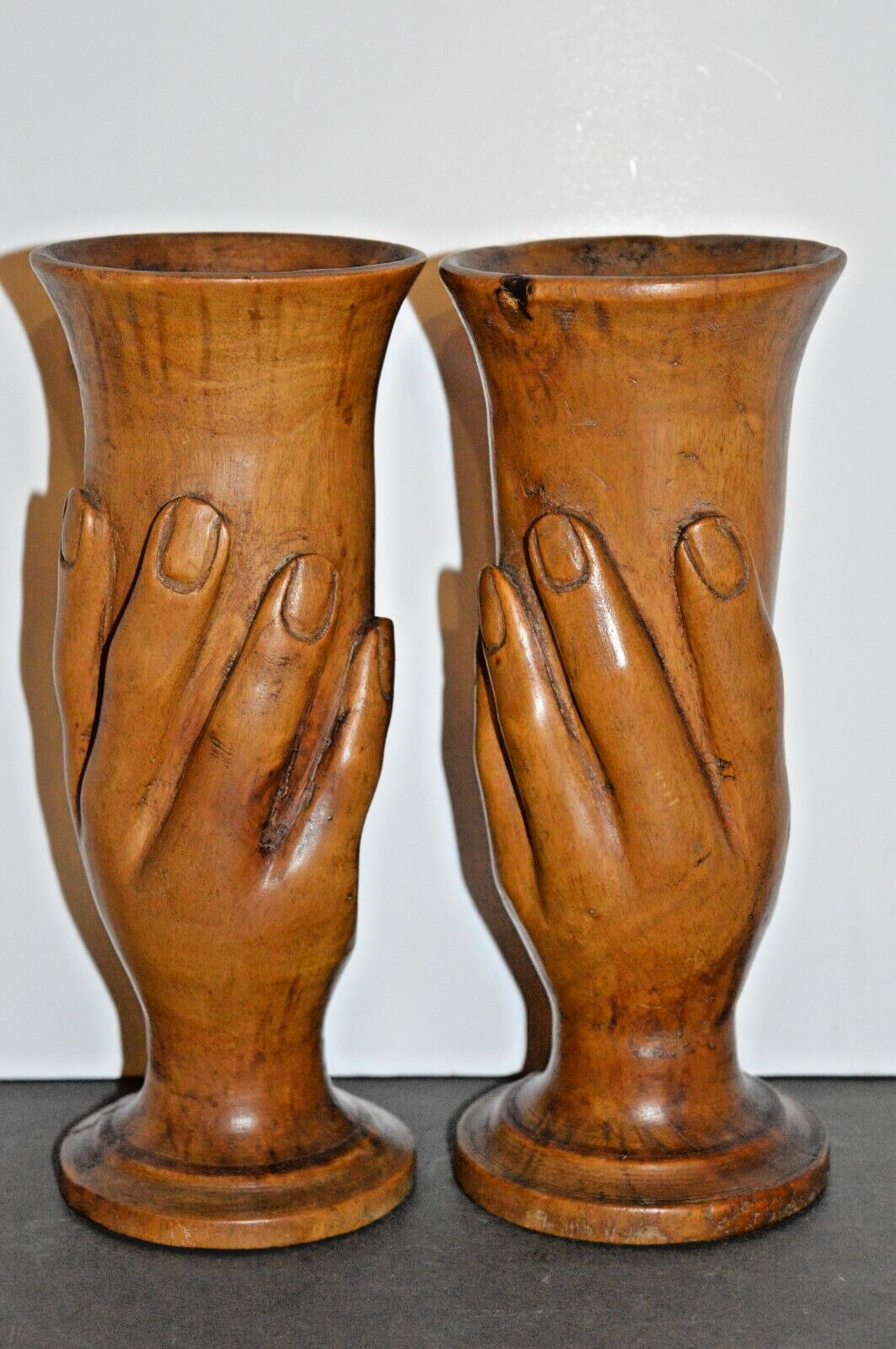 2 Hand Carved Pitcairn Island Wood Goblets, Signed ,Mutiny On Bounty, c1980-2004
