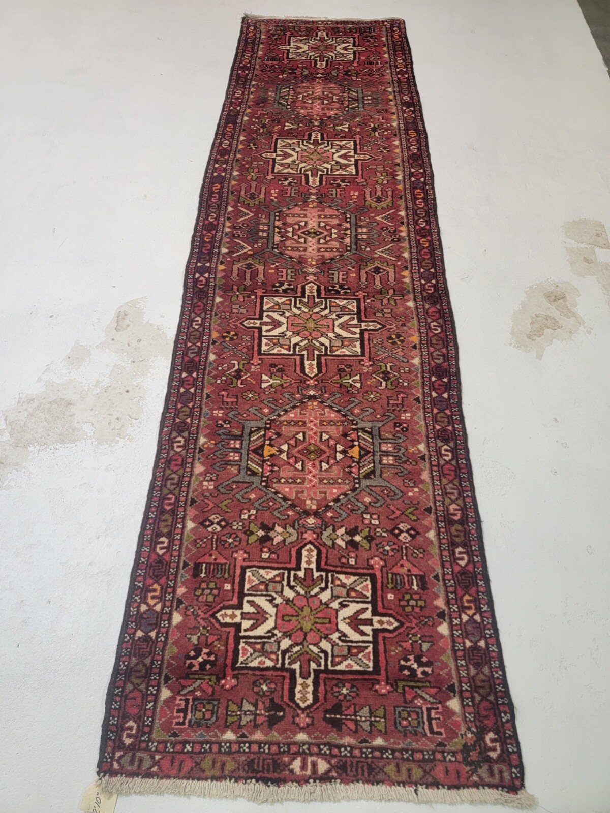 Antique Oriental Hand-Knotted Wool Runner Red/Ivory/Green/Blue 2’3″ x 9’2″