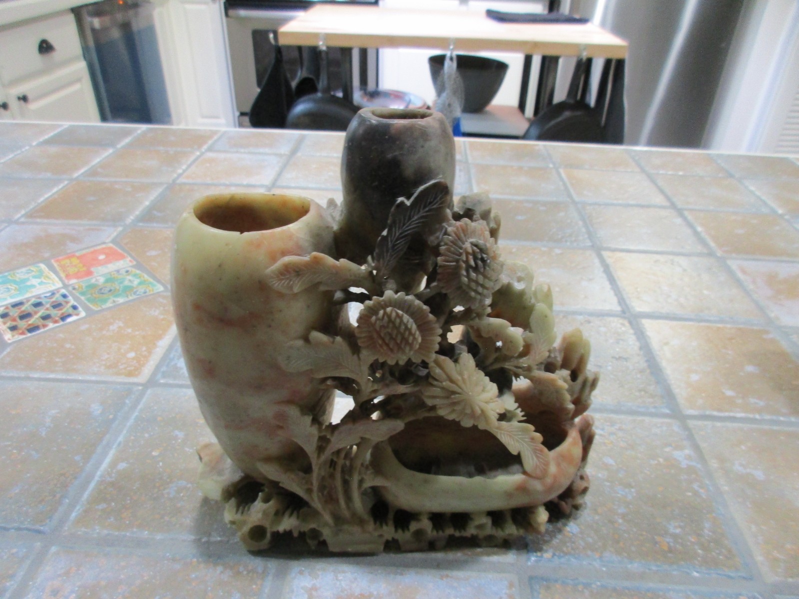 Vtg Chinese Hand-Carved Soapstone Vase Brush Pot Ink well Orange, beige Rare