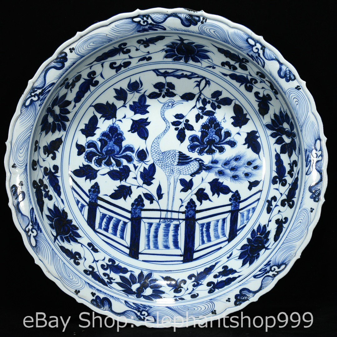 18″ Old Chinese Yuan Blue White Porcelain Phoenix Bird Peony Plate Tray Dish