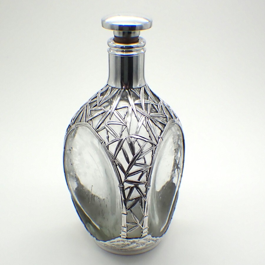 Japanese Pure Silver Overlay Glass Decanter Bamboo Design