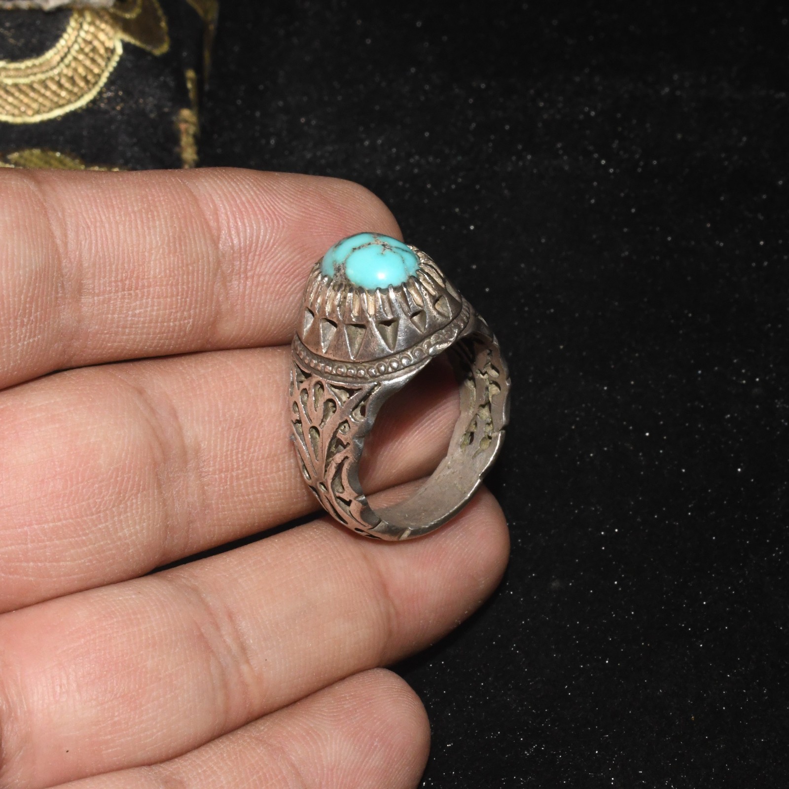Large Antique Old Near Eastern Solid Silver Ring with Natural Turquoise Bezel