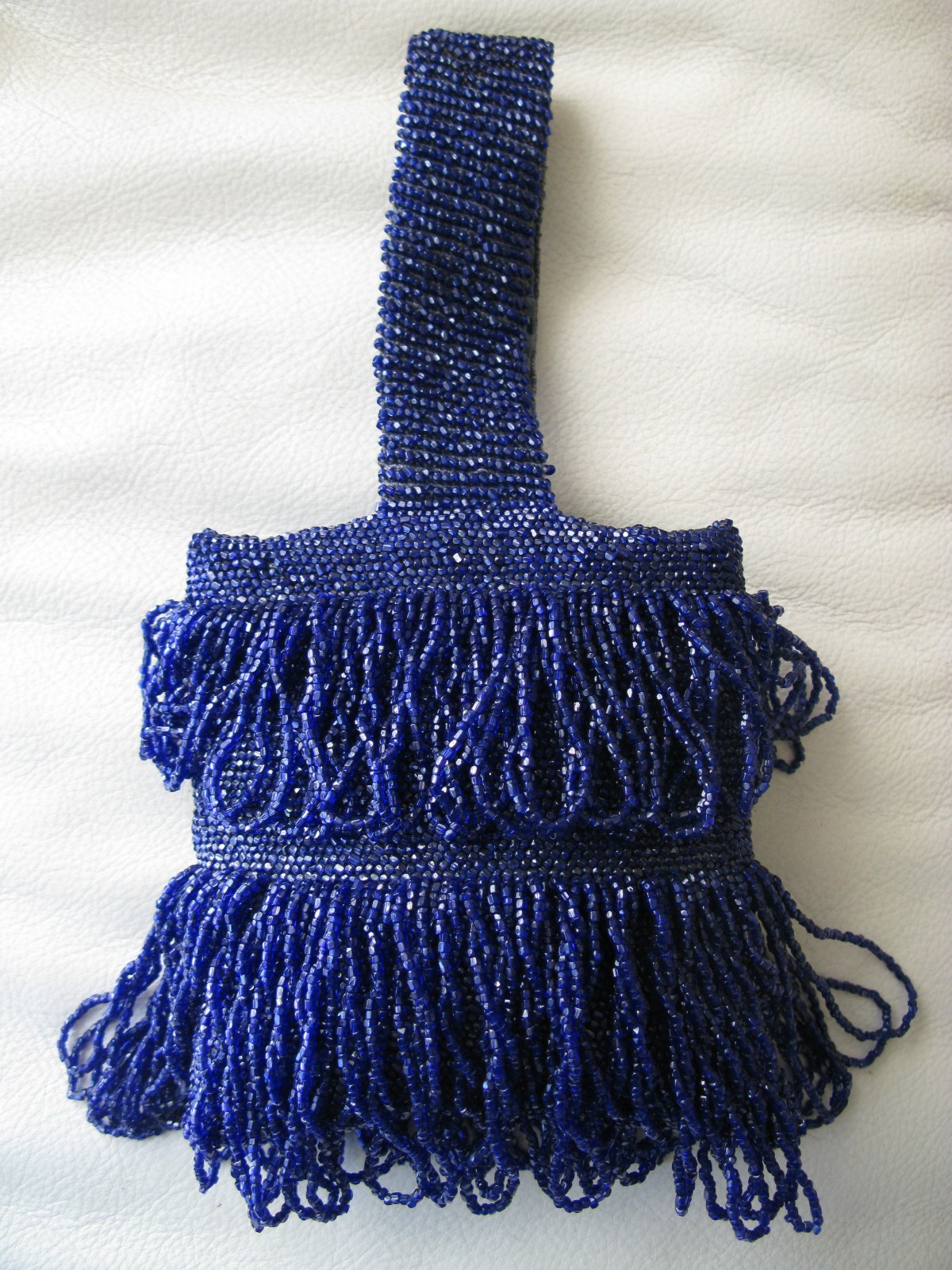 Antique Crochet Cobalt Blue Bead Ball Tiered Fringe Satin Lining Flapper Purse