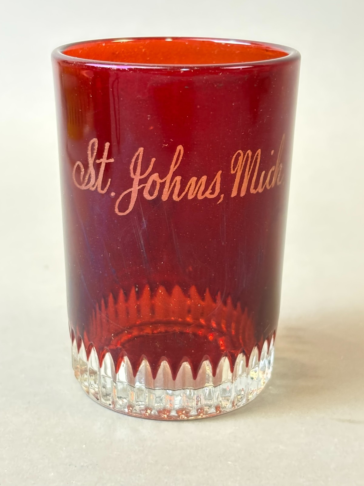 #1038 Antique ST JOHNS Michigan Ruby Red Flash Souvenir Glass TOOTHPICK HOLDER