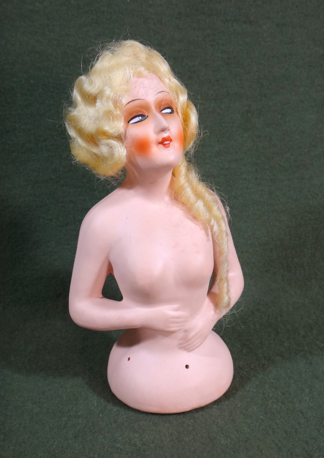 antique SIDE GLANCING papier-mache putz BOUDOIR HALF DOLL pincushion GERMANY