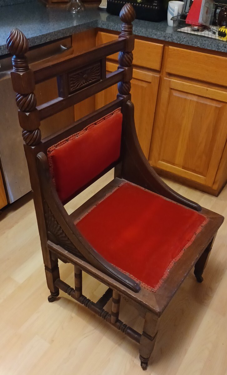 Antique Eastlake Victorian Church Altar Pulpit Chair Red Velvet Oak Wood Casters