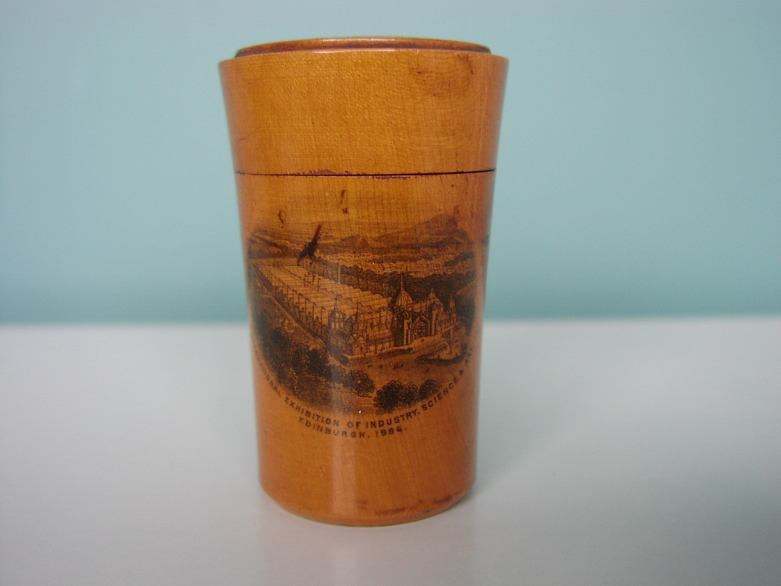 Antique Mauchline Ware Glass Holder Edinburgh + Fern Etched Glass c. 1886