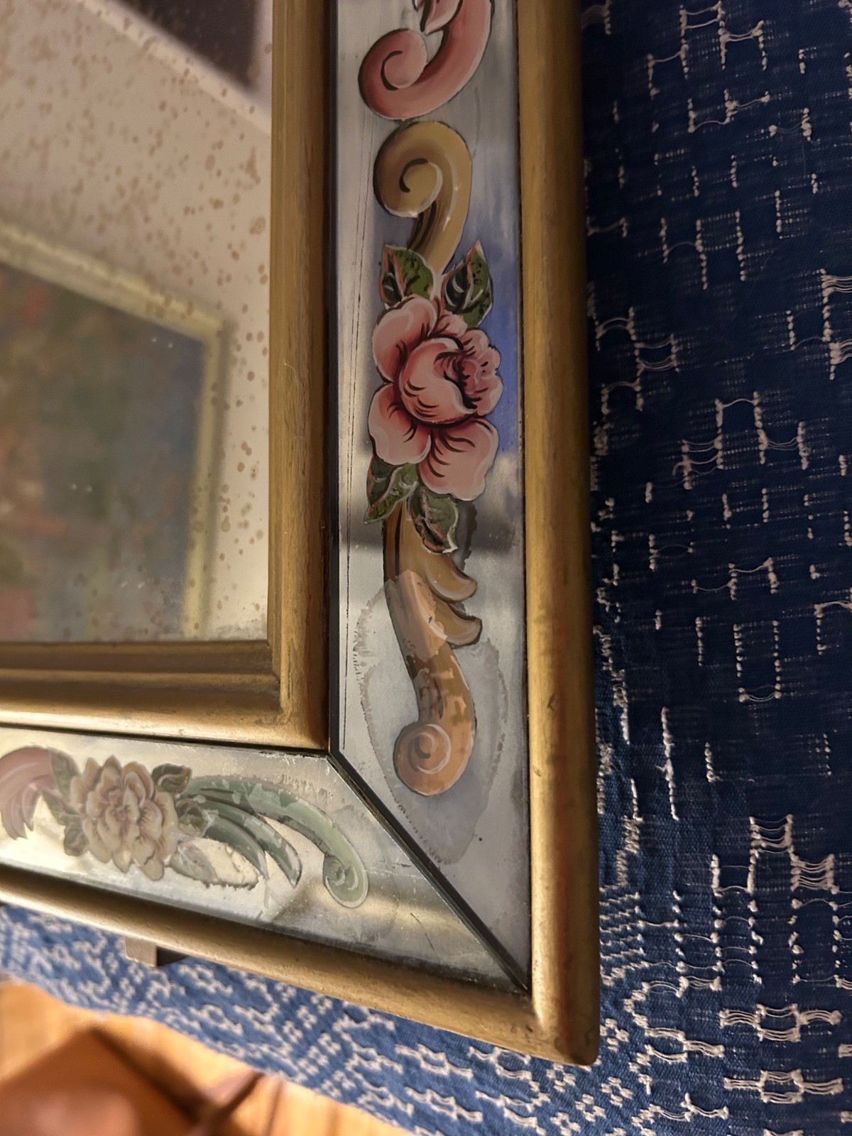 Italian 1940s Verre Eglomise Reverse Painted Mirror floral easel style AS IS