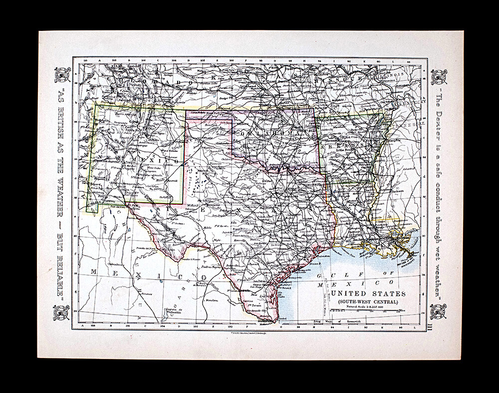 1921 Johnston Map United States Texas Oklahoma Arkansas Louisiana New Mexico USA