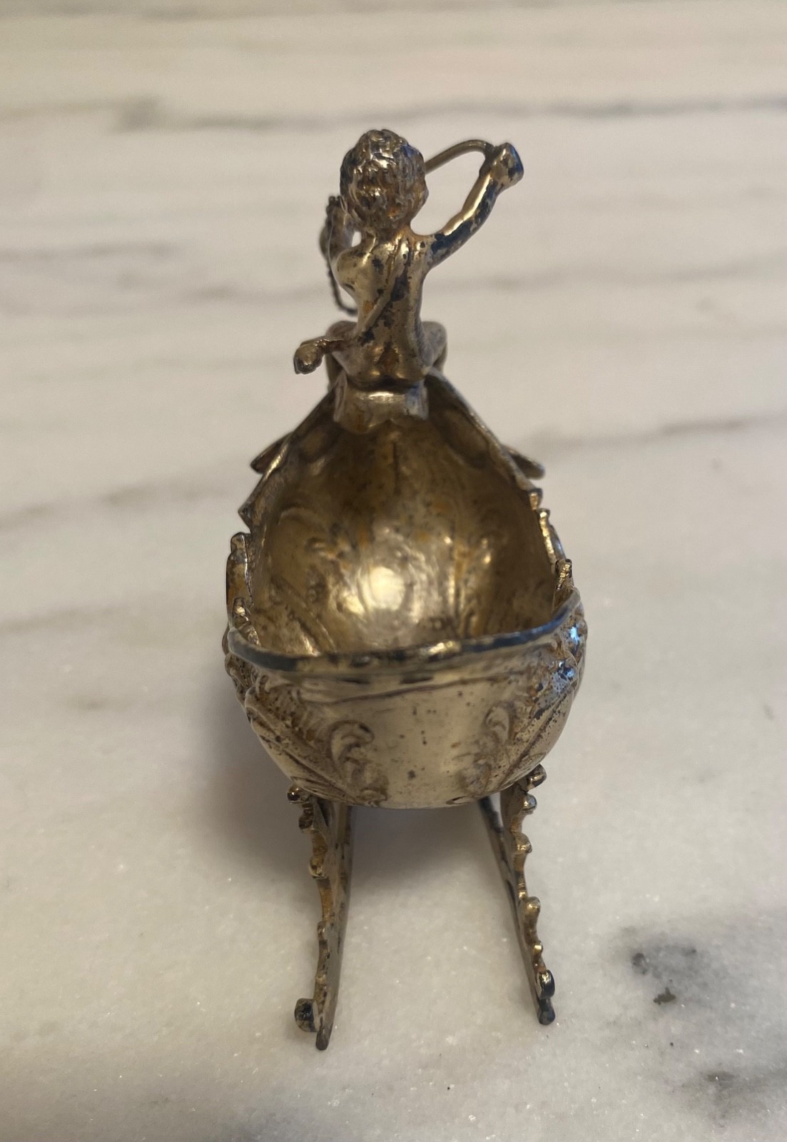 Antique .800 Silver Figural Salt Cellar Cherub Riding Dragon Sleigh Baroque
