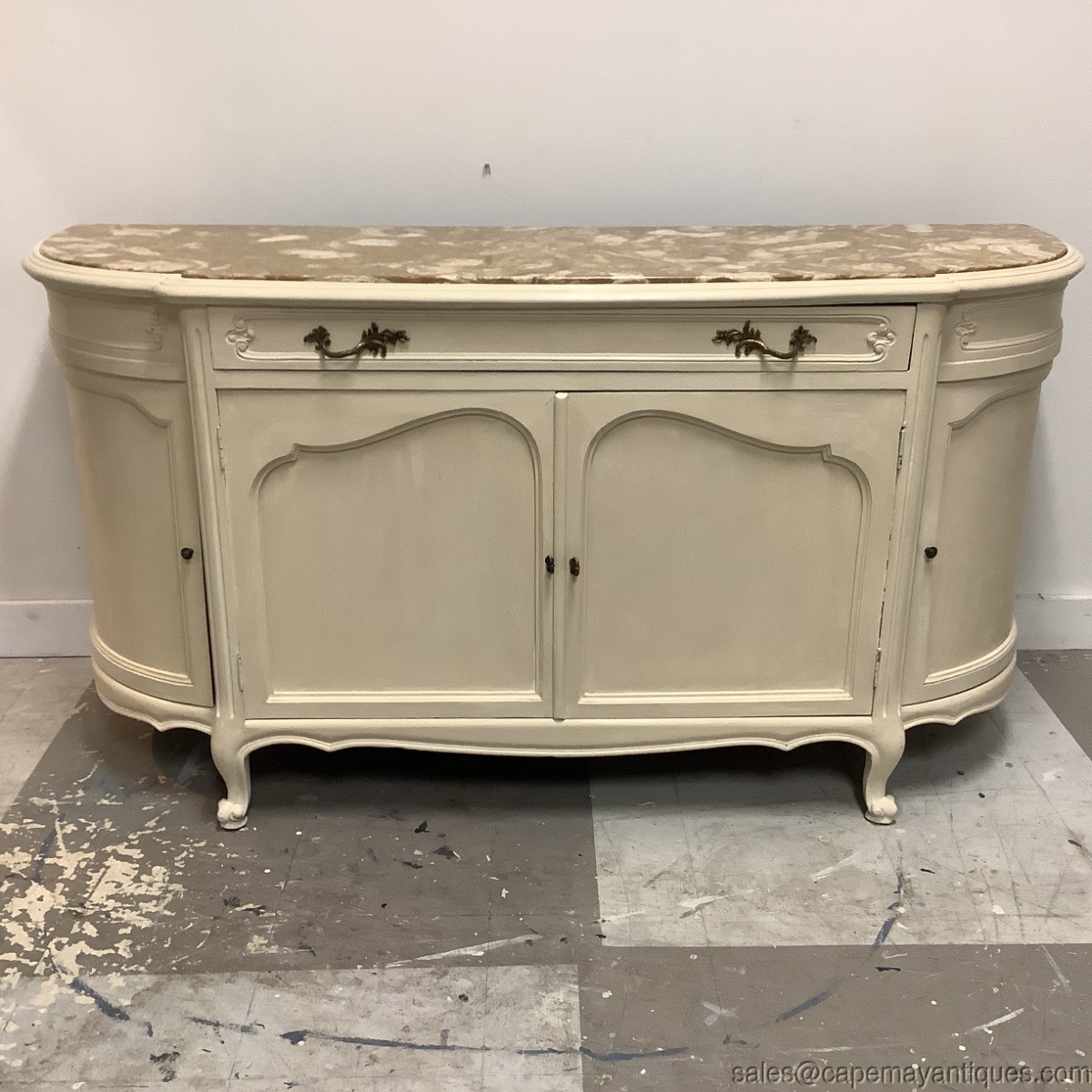 Danby Marble Top Sideboard Cabinet Painted Off White Beige Curved French Front