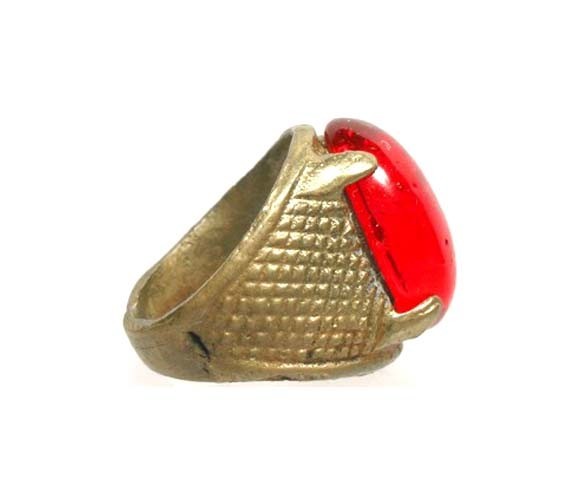Antique 19thC Russian Tatar Silver Bronze Alloy Ring Ruby Red Glass Gem Size 6¼