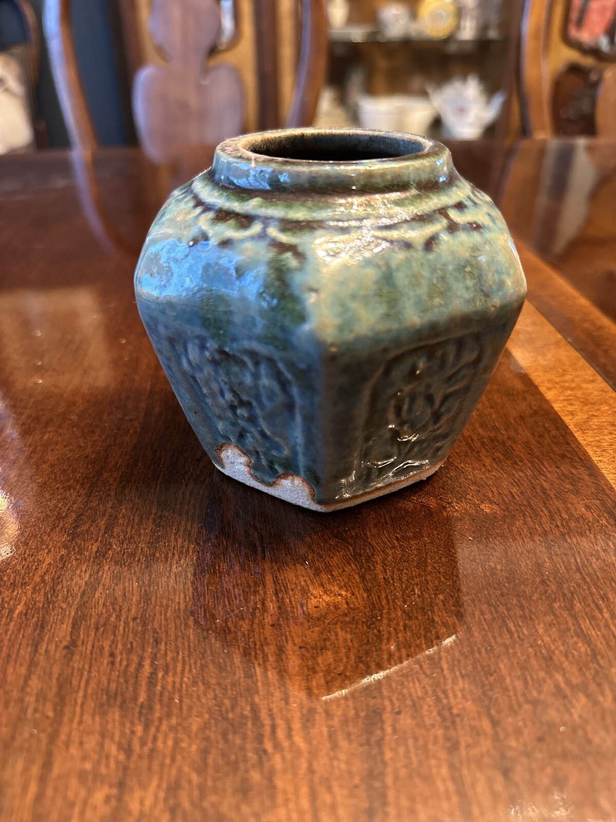 Antique Chinese Green Glazed Earthenware Pottery Hexagonal Ginger Jar
