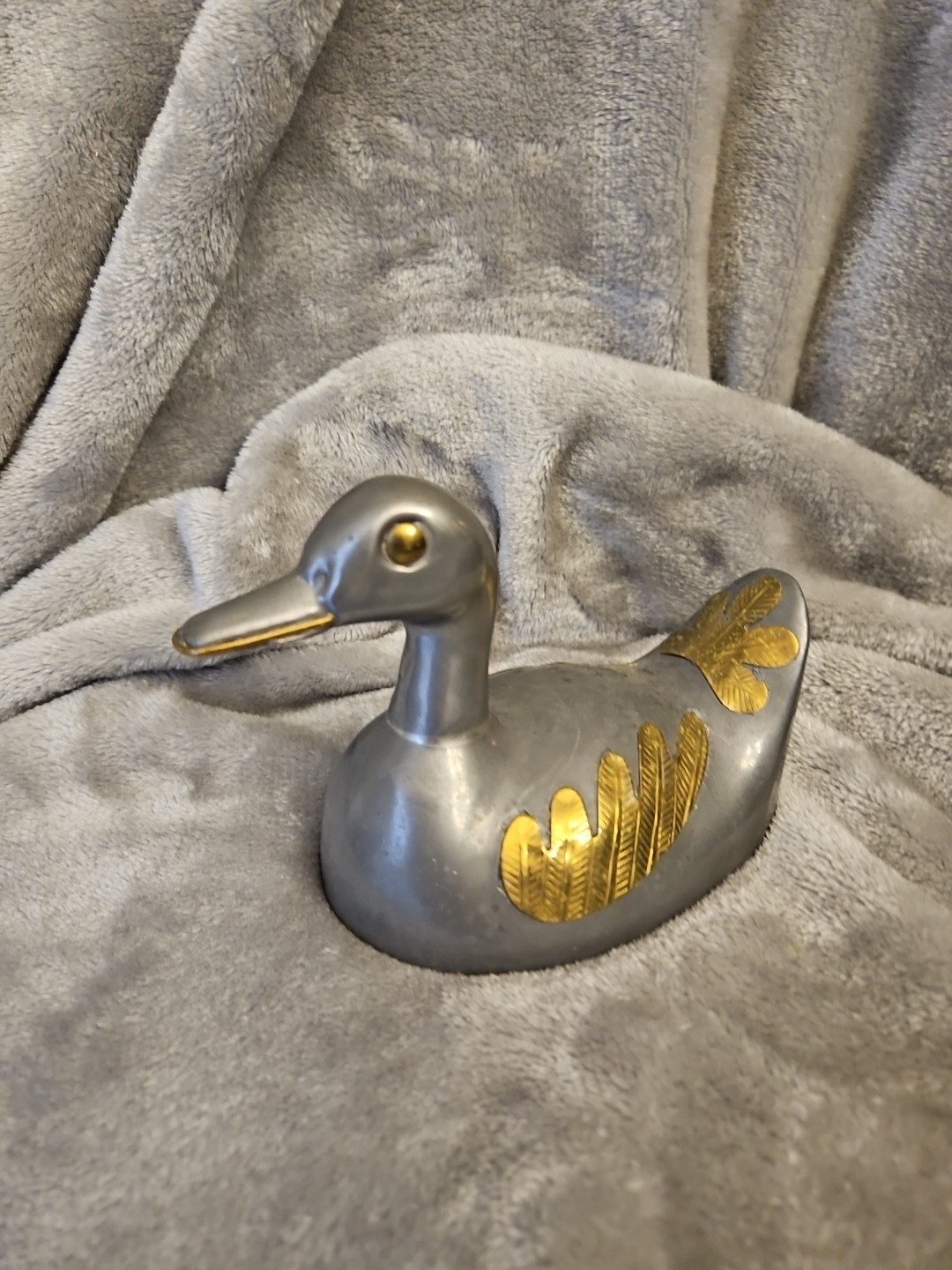 Antique Chinese Pewter Duck With Brass Overlay 12 Ounces 3” Tall