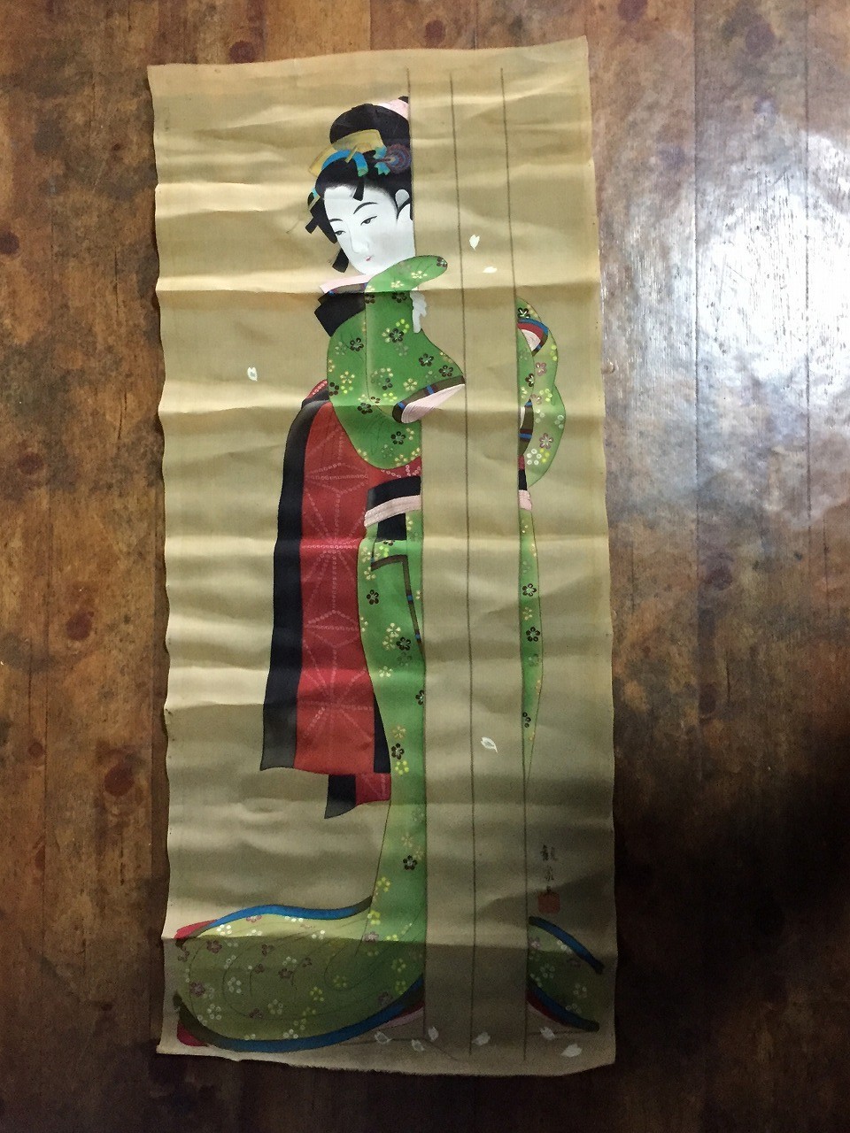 O1317 Vintage Unmounted Painting Makuri Geisha Kimono Woman Japanese Bijinga Art