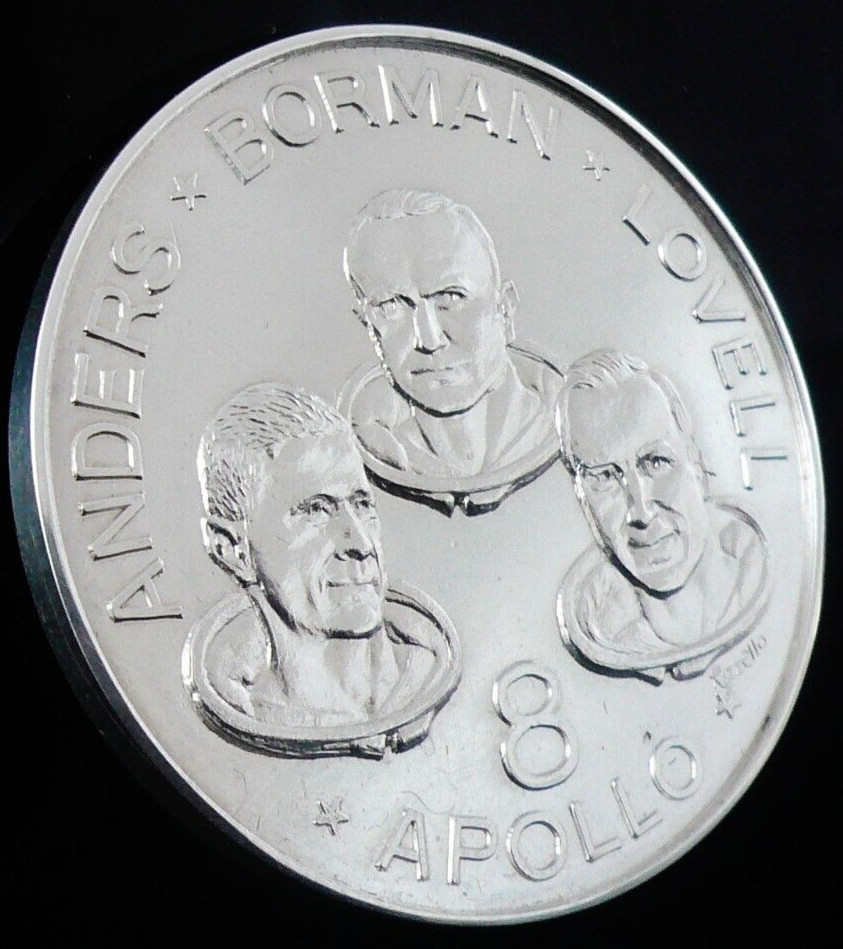 .999 Silver Medallion, Apollo 8 Astronauts First Manned Moon Flight 1968