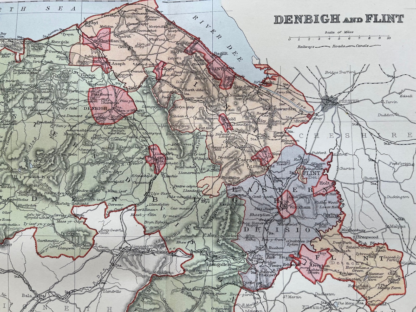 Antique map of Denbigh and Flint 1895 A2107 Brabner Denbighshire Flintshire